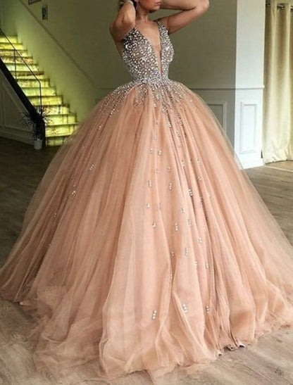 NumberSea - Ball Gown Evening Gown Sparkle & Shine Dress Quinceanera Prom Floor Length Sleeveless V Neck Satin with Crystals Sequin