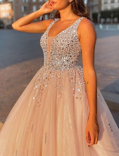 NumberSea - Ball Gown Evening Gown Sparkle & Shine Dress Quinceanera Prom Floor Length Sleeveless V Neck Satin with Crystals Sequin