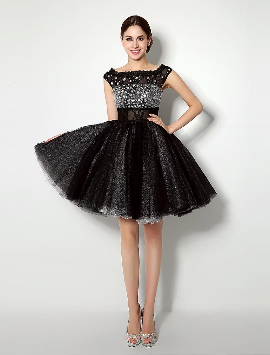 NumberSea - Ball Gown Fit & Flare Little Black Dress Dress Cocktail Party Short / Mini Sleeveless Bateau Neck Tulle with Lace Sash / Ribbon Pleats