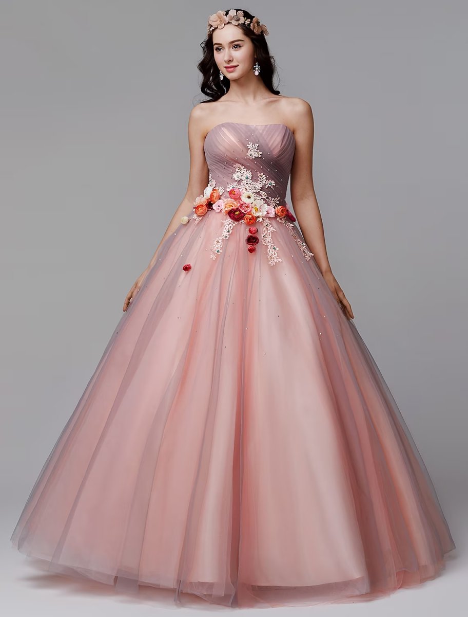 NumberSea - Ball Gown Floral Formal Evening Dress Strapless Sleeveless Floor Length Tulle with Pleats Flower