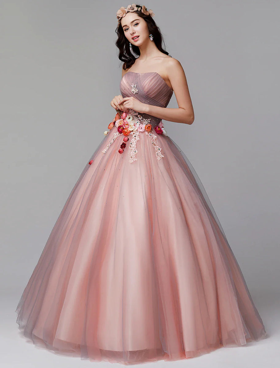 NumberSea - Ball Gown Floral Formal Evening Dress Strapless Sleeveless Floor Length Tulle with Pleats Flower