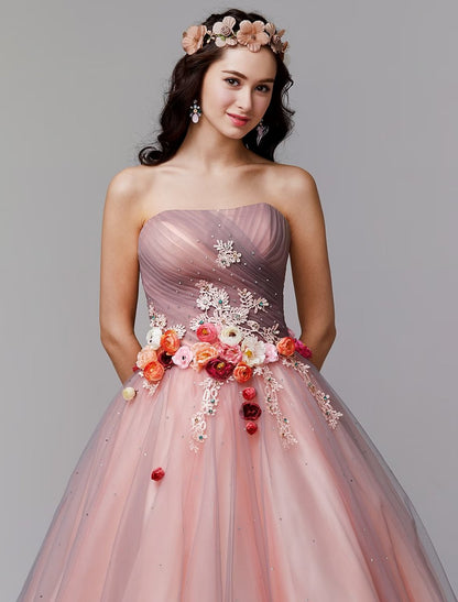 NumberSea - Ball Gown Floral Formal Evening Dress Strapless Sleeveless Floor Length Tulle with Pleats Flower