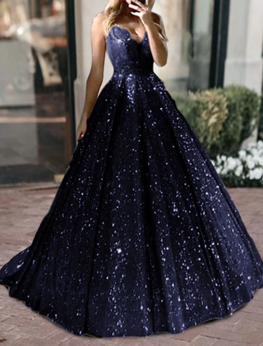 NumberSea - Ball Gown Glitter Prom Black Dress Luxurious Tulle Sparkly Dress For Wedding Party Quinceanera Sweep / Brush Train Sleeveless V Neck Tulle V Back with Sequin