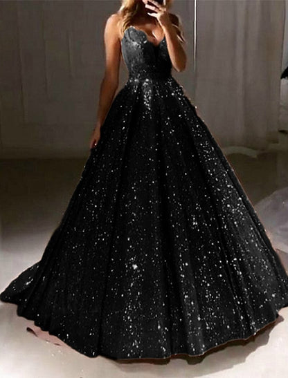 NumberSea - Ball Gown Glitter Prom Black Dress Luxurious Tulle Sparkly Dress For Wedding Party Quinceanera Sweep / Brush Train Sleeveless V Neck Tulle V Back with Sequin