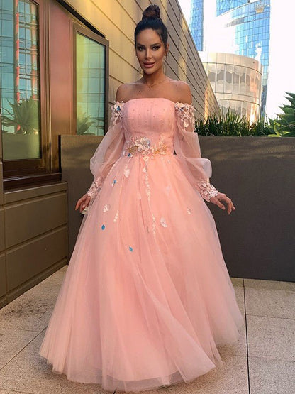 NumberSea - Ball Gown Hand - Made Flower Tulle Long Sleeves Off - the - Shoulder Floor - Length Dresses