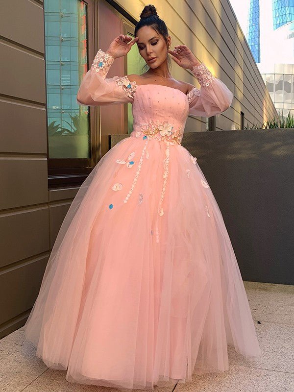 NumberSea - Ball Gown Hand - Made Flower Tulle Long Sleeves Off - the - Shoulder Floor - Length Dresses