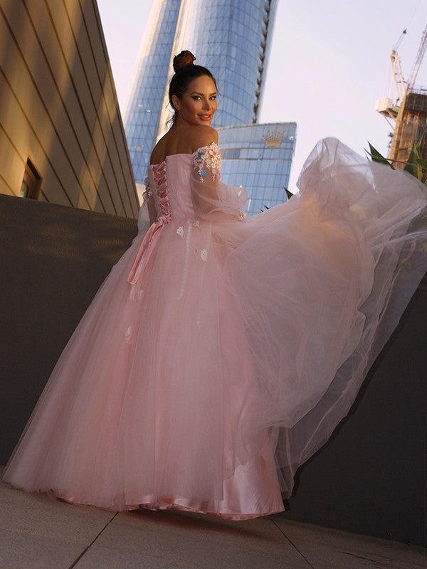 NumberSea - Ball Gown Hand - Made Flower Tulle Long Sleeves Off - the - Shoulder Floor - Length Dresses