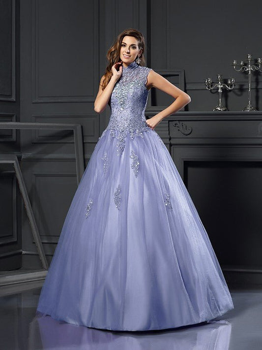 NumberSea - Ball Gown High Neck Beading Sleeveless Long Net Quinceanera Dresses