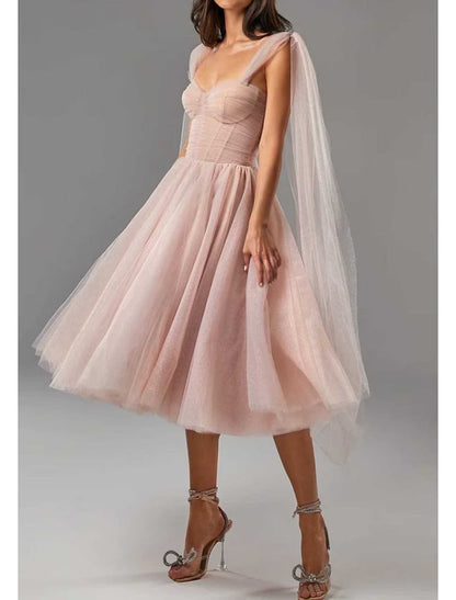 NumberSea - Ball Gown Homecoming Dresses Corsets Dress Cocktail Party Tea Length Sleeveless Square Neck Tulle with Glitter