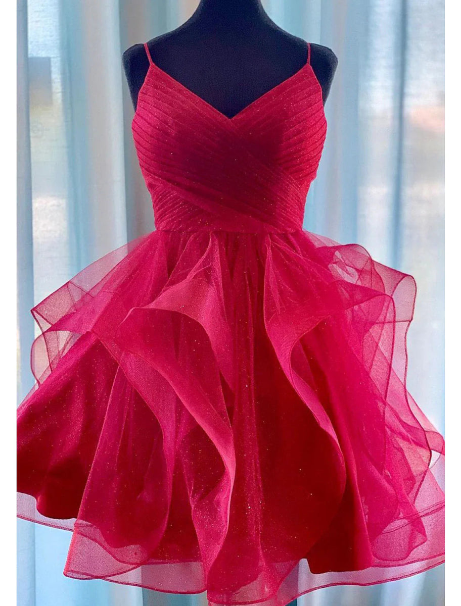 NumberSea - Ball Gown Homecoming Dresses Glittering Mini Dresses Puff Tiered Dresses Sleeveless Spaghetti Strap Tulle