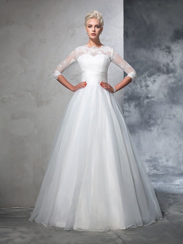 NumberSea - Ball Gown Jewel Applique 3/4 Sleeves Long Organza Wedding Dresses