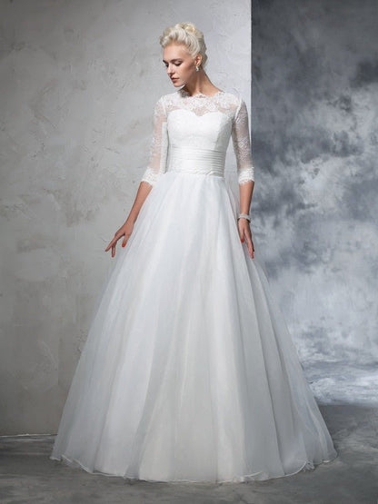 NumberSea - Ball Gown Jewel Applique 3/4 Sleeves Long Organza Wedding Dresses