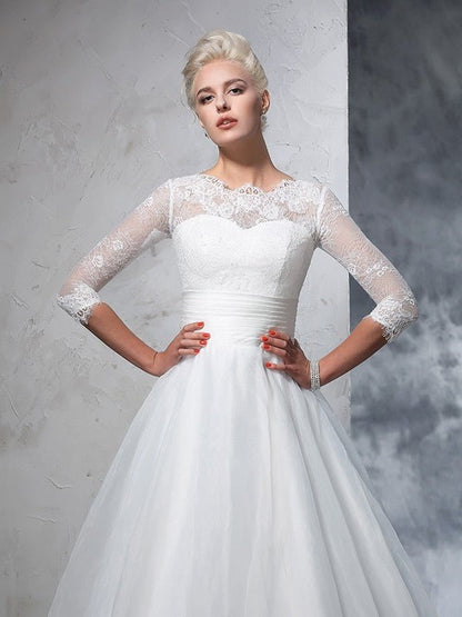 NumberSea - Ball Gown Jewel Applique 3/4 Sleeves Long Organza Wedding Dresses