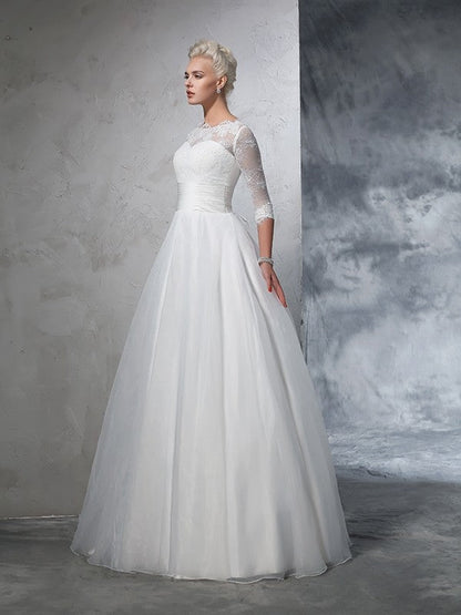 NumberSea - Ball Gown Jewel Applique 3/4 Sleeves Long Organza Wedding Dresses