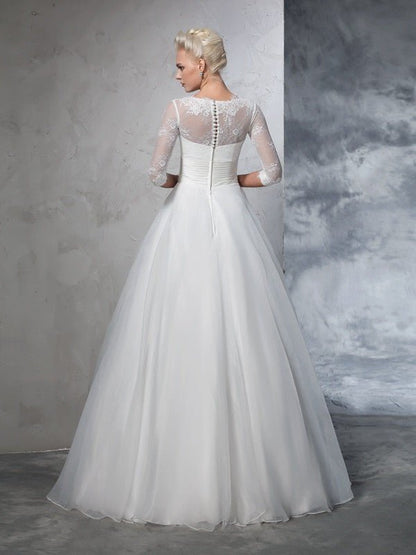 NumberSea - Ball Gown Jewel Applique 3/4 Sleeves Long Organza Wedding Dresses