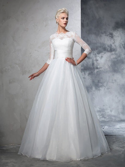 NumberSea - Ball Gown Jewel Applique 3/4 Sleeves Long Organza Wedding Dresses