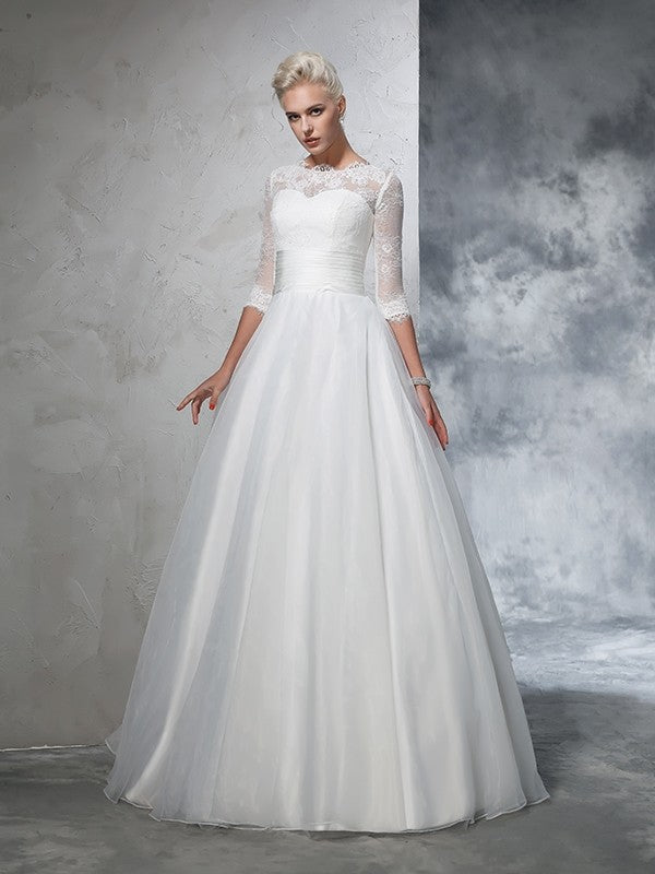 NumberSea - Ball Gown Jewel Applique 3/4 Sleeves Long Organza Wedding Dresses