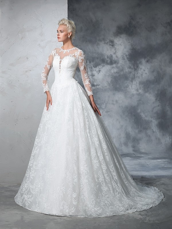 NumberSea - Ball Gown Jewel Lace Long Sleeves Long Lace Wedding Dresses