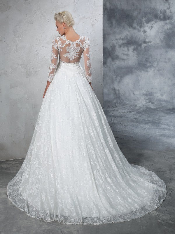 NumberSea - Ball Gown Jewel Lace Long Sleeves Long Lace Wedding Dresses