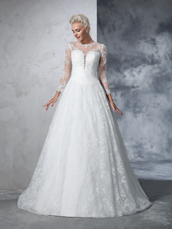 NumberSea - Ball Gown Jewel Lace Long Sleeves Long Lace Wedding Dresses