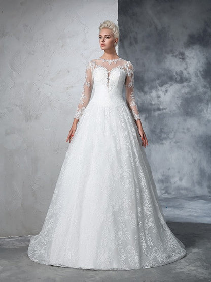 NumberSea - Ball Gown Jewel Lace Long Sleeves Long Lace Wedding Dresses