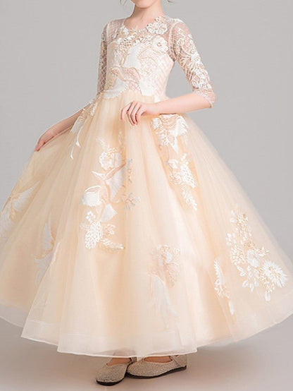 NumberSea - Ball Gown Jewel Neck Pageant Flower Girl Dresses With Sleeves