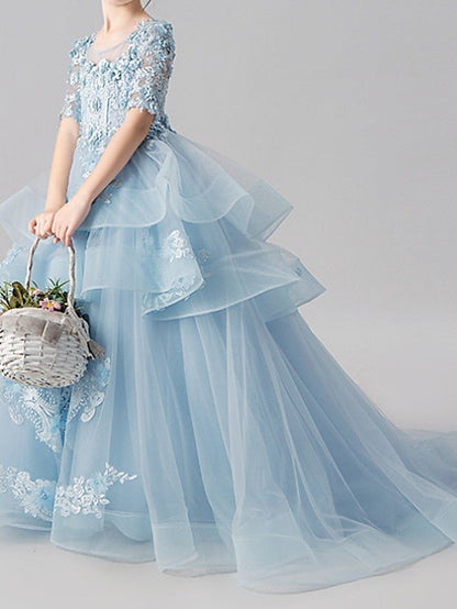 NumberSea - Ball Gown Jewel Neck Sweep Brush Train Pageant Flower Girl Dresses with Sleeves