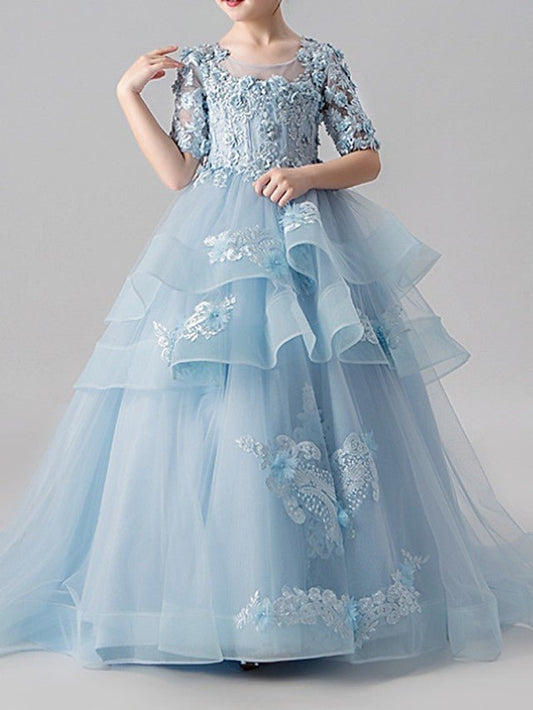 NumberSea - Ball Gown Jewel Neck Sweep Brush Train Pageant Flower Girl Dresses with Sleeves