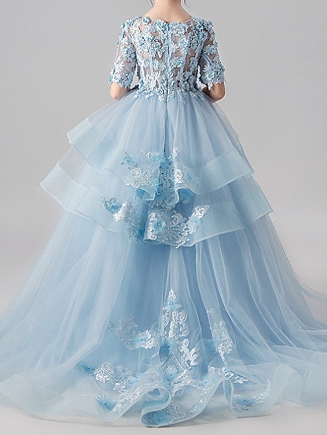 NumberSea - Ball Gown Jewel Neck Sweep Brush Train Pageant Flower Girl Dresses with Sleeves