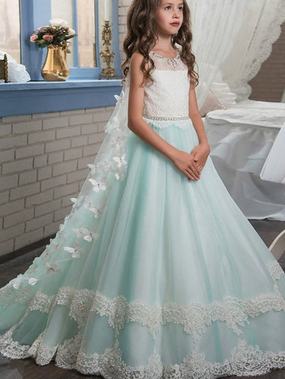 NumberSea - Ball Gown Jewel Neck Wedding Event Party Flower Girl Dresses With Appliques Color Block