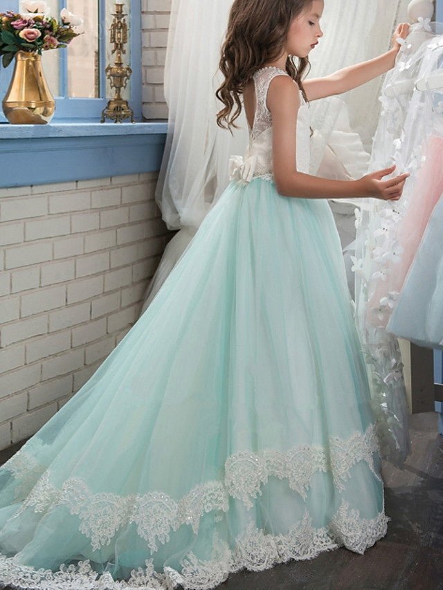 NumberSea - Ball Gown Jewel Neck Wedding Event Party Flower Girl Dresses With Appliques Color Block