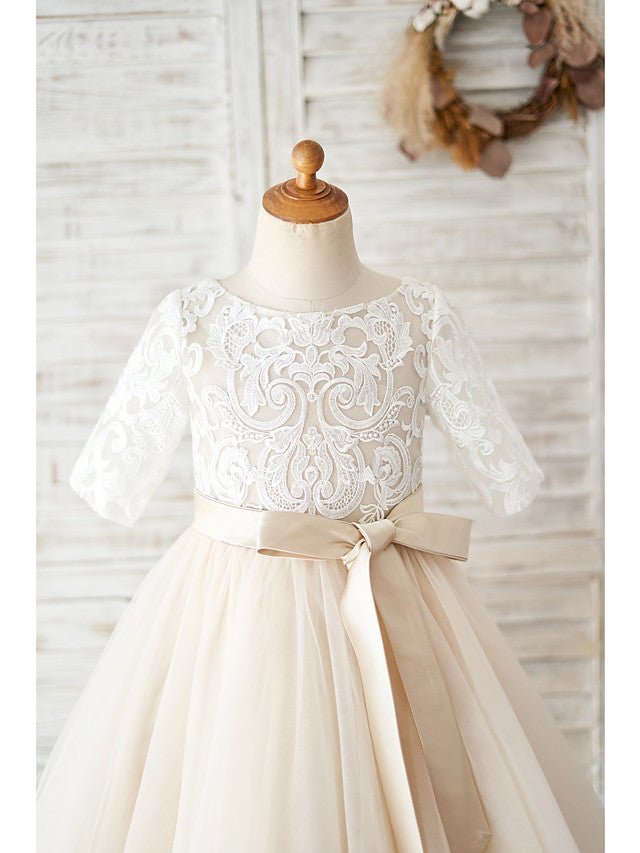 NumberSea - Ball Gown Lace Tulle Half Sleeve Jewel Neck Wedding Birthday Flower Girl Dresses