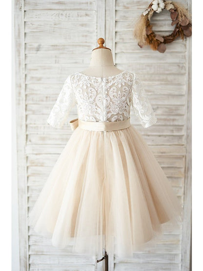 NumberSea - Ball Gown Lace Tulle Half Sleeve Jewel Neck Wedding Birthday Flower Girl Dresses