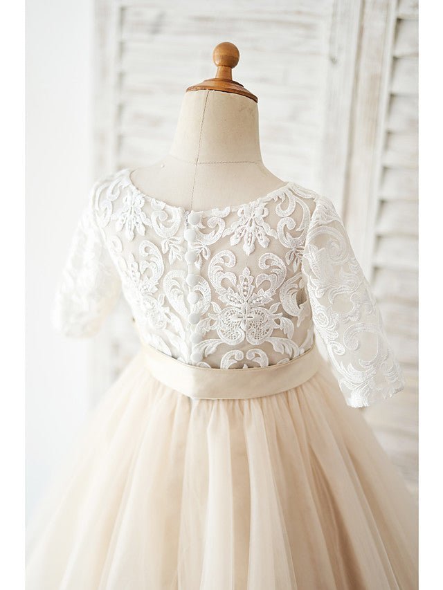 NumberSea - Ball Gown Lace Tulle Half Sleeve Jewel Neck Wedding Birthday Flower Girl Dresses