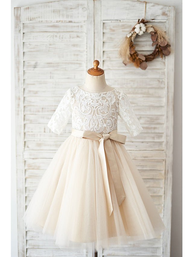 NumberSea - Ball Gown Lace Tulle Half Sleeve Jewel Neck Wedding Birthday Flower Girl Dresses