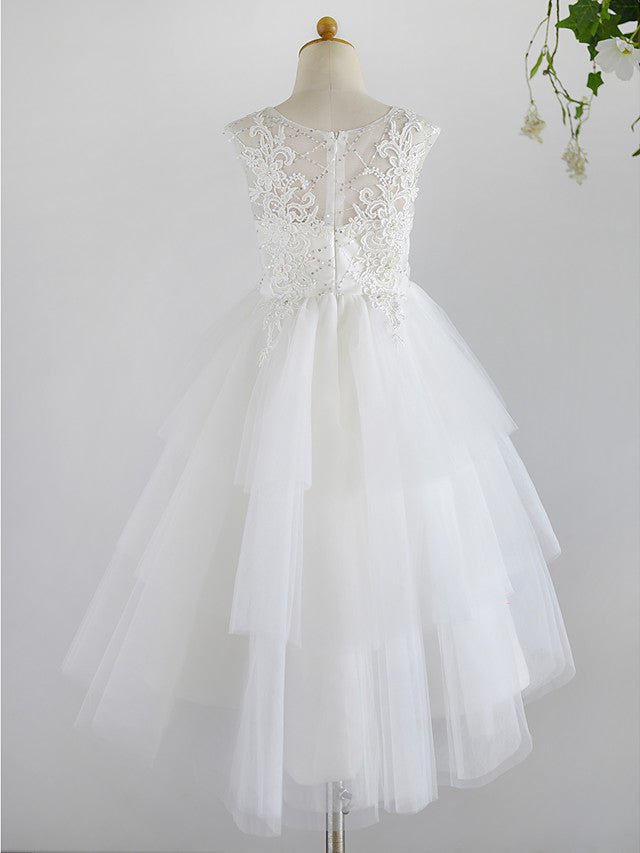 NumberSea - Ball Gown Lace Tulle Sleeveless Jewel Neck Asymmetrical Wedding First Communion Birthday Flower Girl Dresses