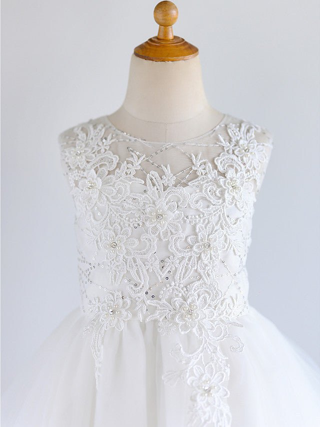 NumberSea - Ball Gown Lace Tulle Sleeveless Jewel Neck Asymmetrical Wedding First Communion Birthday Flower Girl Dresses