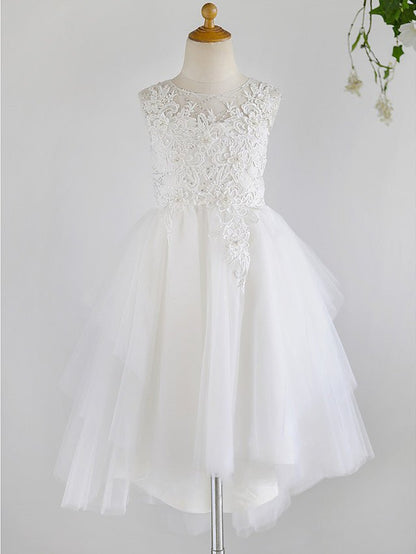 NumberSea - Ball Gown Lace Tulle Sleeveless Jewel Neck Asymmetrical Wedding First Communion Birthday Flower Girl Dresses