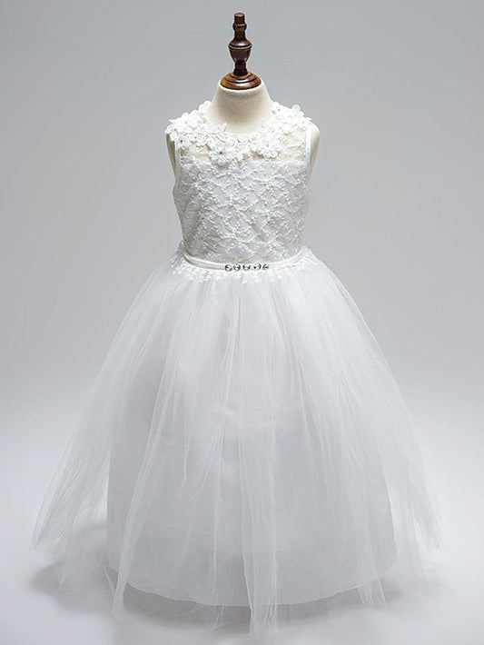 NumberSea - Ball Gown Lace Tulle Sleeveless Jewel Neck First Communion Long Flower Girl Dresses