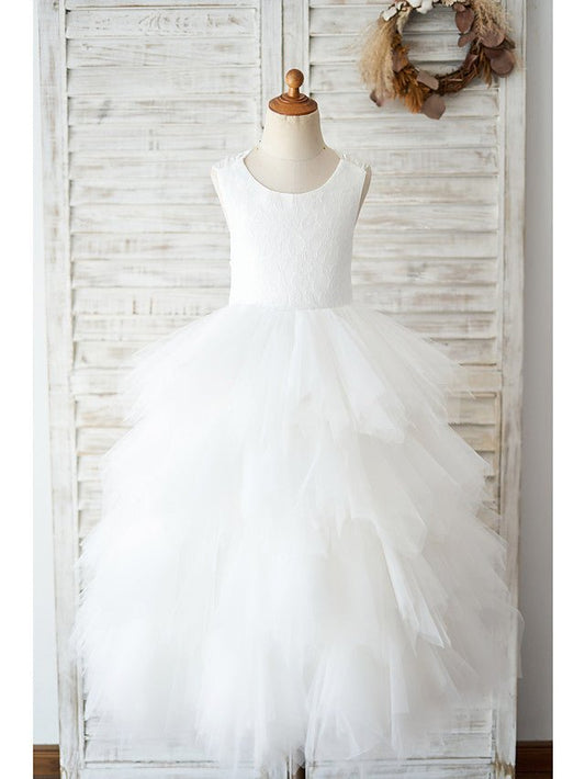 NumberSea - Ball Gown Lace Tulle Sleeveless Jewel Neck Wedding Birthday Flower Girl Dresses