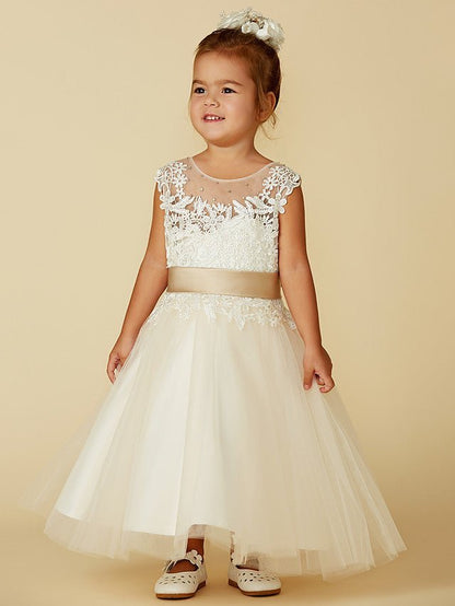 NumberSea - Ball Gown Lace Tulle Sleeveless Jewel Neck Wedding Party Pageant Flower Girl Dresses