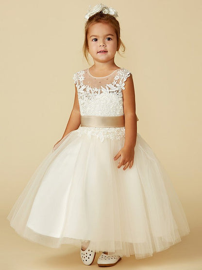 NumberSea - Ball Gown Lace Tulle Sleeveless Jewel Neck Wedding Party Pageant Flower Girl Dresses