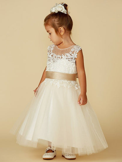 NumberSea - Ball Gown Lace Tulle Sleeveless Jewel Neck Wedding Party Pageant Flower Girl Dresses