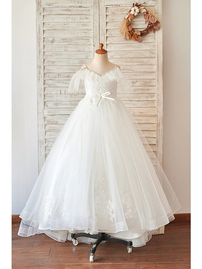 NumberSea - Ball Gown Lace Tulle Sleeveless V Neck Wedding Birthday Flower Girl Dresses