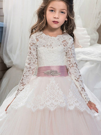 NumberSea - Ball Gown Lace Tulle Sweep Brush Train Wedding Birthday Pageant Flower Girl Dresses with Sleeves