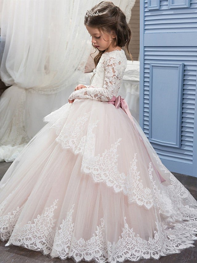 NumberSea - Ball Gown Lace Tulle Sweep Brush Train Wedding Birthday Pageant Flower Girl Dresses with Sleeves