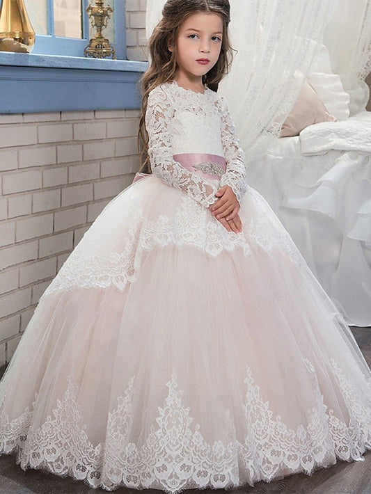 NumberSea - Ball Gown Lace Tulle Sweep Brush Train Wedding Birthday Pageant Flower Girl Dresses with Sleeves