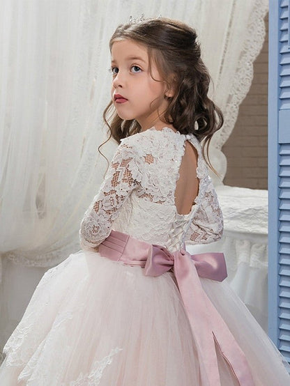 NumberSea - Ball Gown Lace Tulle Sweep Brush Train Wedding Birthday Pageant Flower Girl Dresses with Sleeves