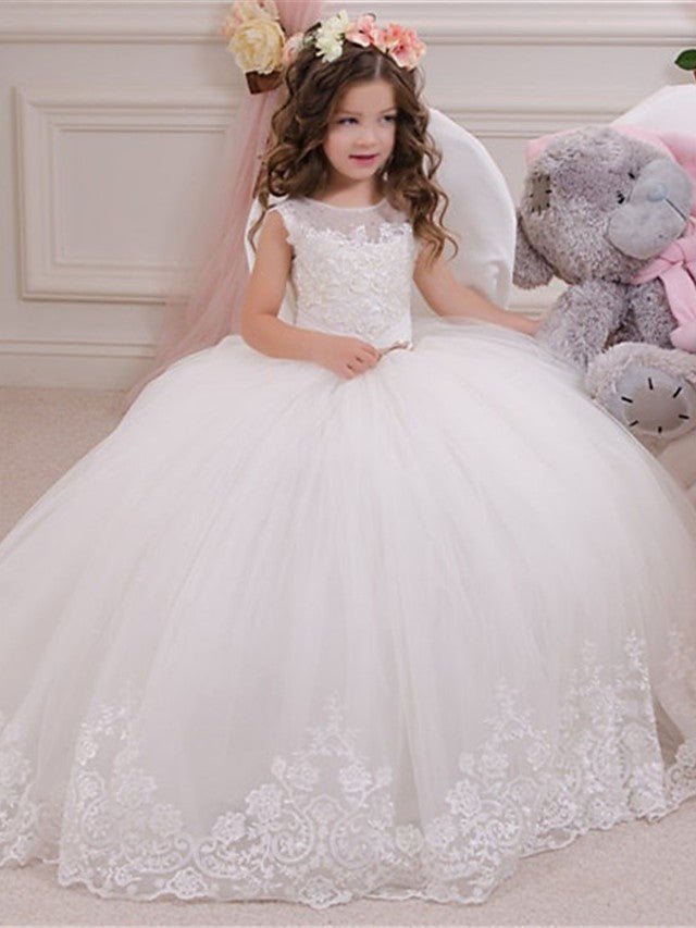 NumberSea - Ball Gown Lace Tulle Sweep Brush Train Wedding Party Flower Girl Dresses