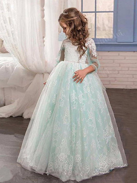 NumberSea - Ball Gown Lace Tulle Sweep Brush Train Wedding Party Flower Girl Dresses with Sleeves